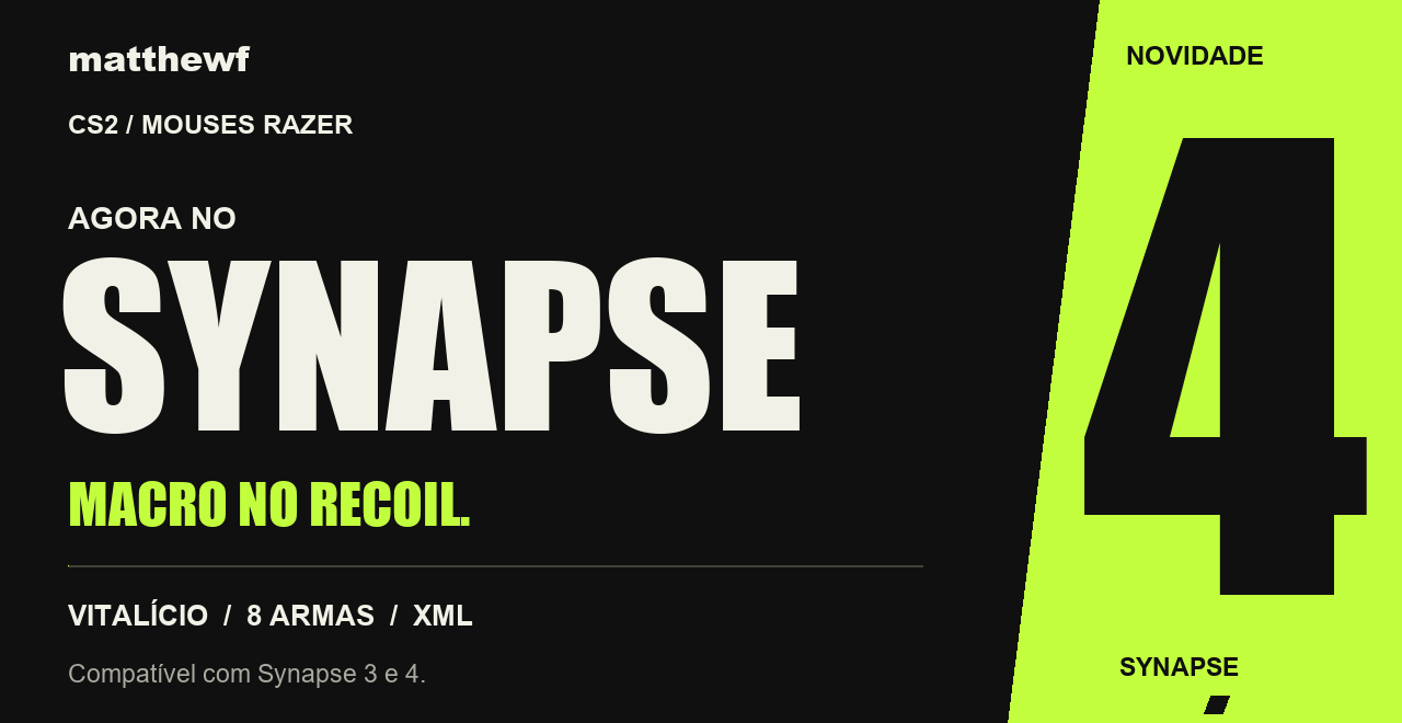 Macro CS2 para mouses Razer: agora compatível com Synapse 4. Synapse 3 e 4, acesso vitalício, 8 armas, arquivos XML.